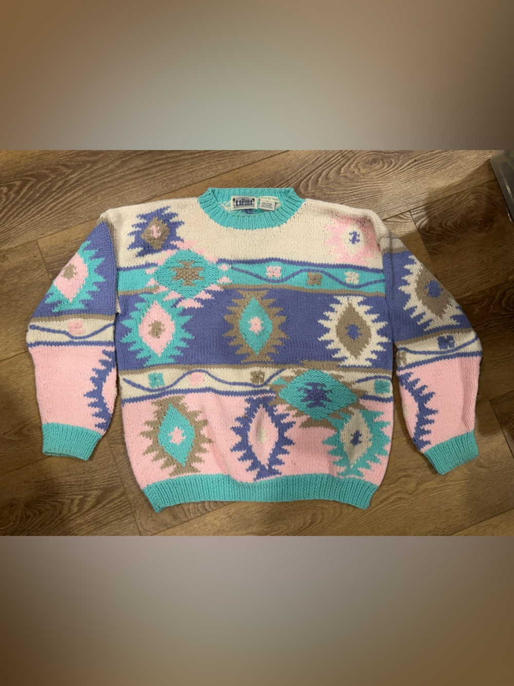 Handknitted Vintage Pastel Aztec Knit Crewneck - Pink, Teal, Lavender, Cream L